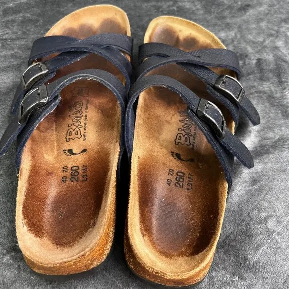 Birkis Birkenstock Nepal Sandals 9 Women Navy Blue Leather Double Buckle Comfort