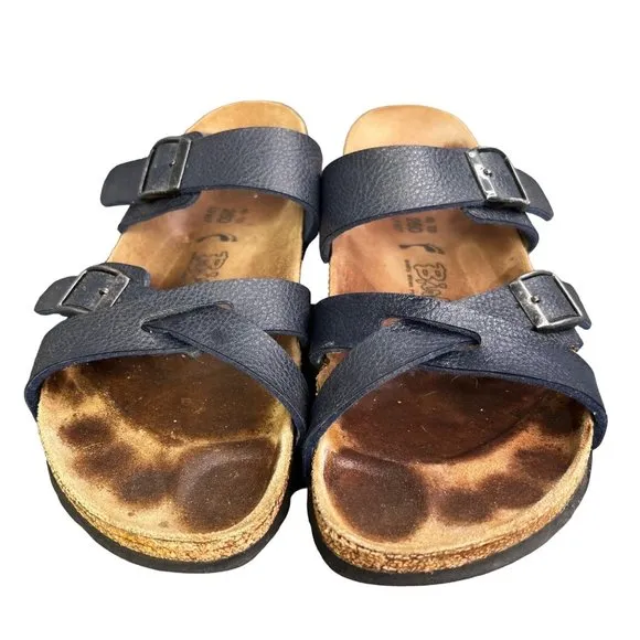 Birkis Birkenstock Nepal Sandals 9 Women Navy Blue Leather Double Buckle Comfort