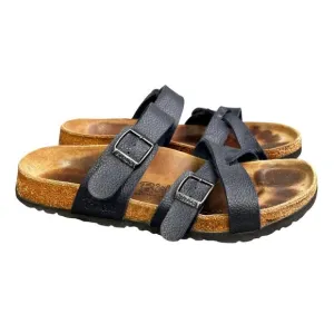 Birkis Birkenstock Nepal Sandals 9 Women Navy Blue Leather Double Buckle Comfort
