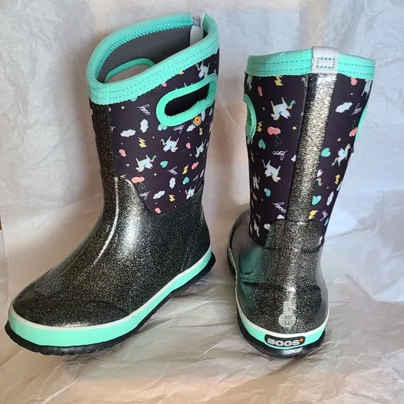 Bogs Classic Pegasus Little Kids Waterproof Snow Boots Black Multi &amp; Teal Size 3