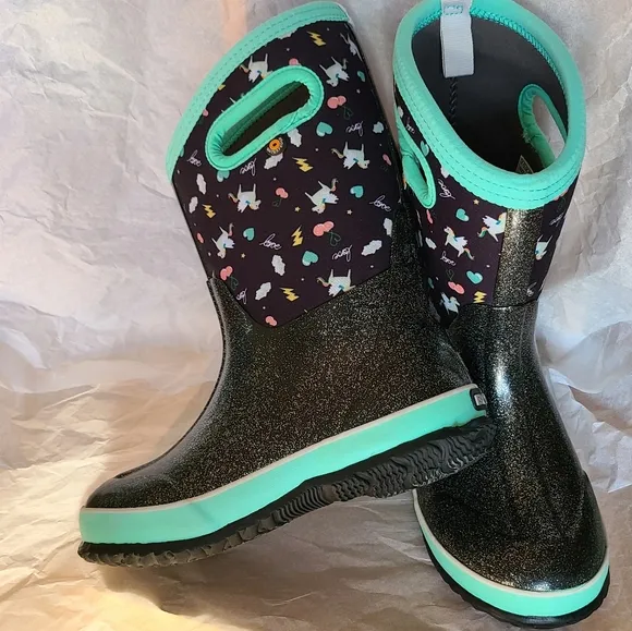Bogs Classic Pegasus Little Kids Waterproof Snow Boots Black Multi &amp; Teal Size 3