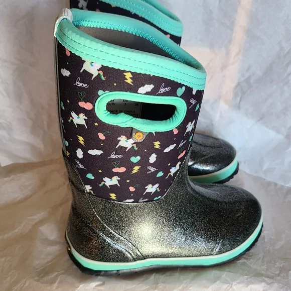 Bogs Classic Pegasus Little Kids Waterproof Snow Boots Black Multi &amp; Teal Size 3