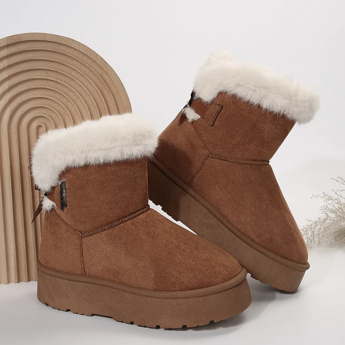Bow-knot Snow Winter Plus Velvet Warm Thick-soled Ankle Boots for Women, Simple Daily Leisure Cotton Shoes