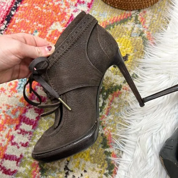 Burberry Designer Brown Preppy Leather Heeled Ankle Boots Booties 36.5 / 6.5