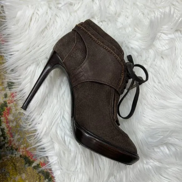 Burberry Designer Brown Preppy Leather Heeled Ankle Boots Booties 36.5 / 6.5