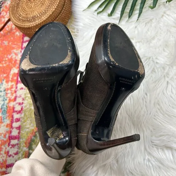 Burberry Designer Brown Preppy Leather Heeled Ankle Boots Booties 36.5 / 6.5