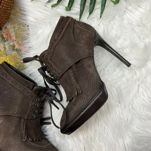 Burberry Designer Brown Preppy Leather Heeled Ankle Boots Booties 36.5 / 6.5