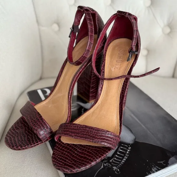 Burgundy croc sandals heels ankle strap