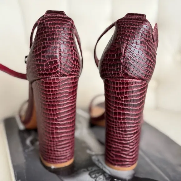 Burgundy croc sandals heels ankle strap