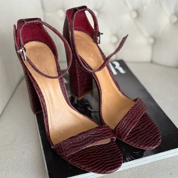 Burgundy croc sandals heels ankle strap