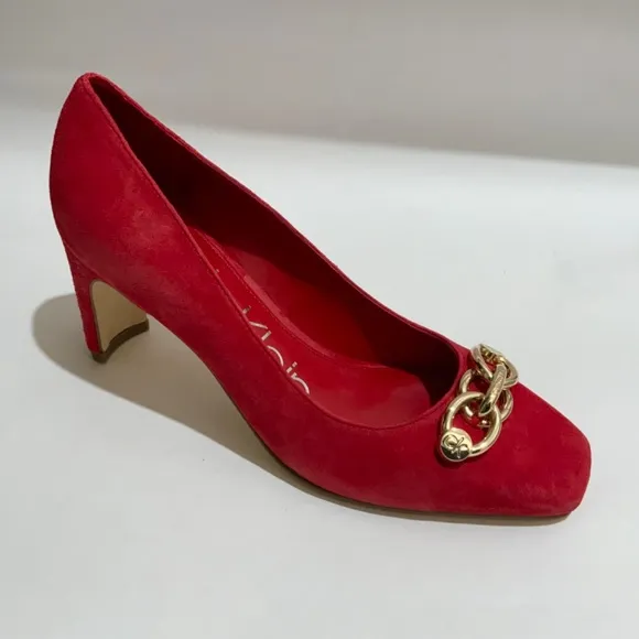 Calvin Klein Brita Suede Square Toe Pump Heels Red Shoes with Gold Chain 8