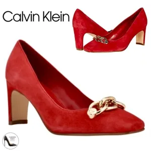 Calvin Klein Brita Suede Square Toe Pump Heels Red Shoes with Gold Chain 8