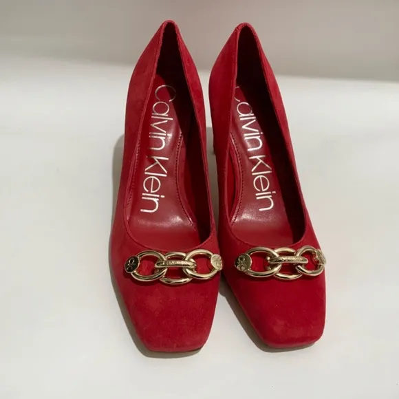 Calvin Klein Brita Suede Square Toe Pump Heels Red Shoes with Gold Chain 8