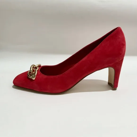 Calvin Klein Brita Suede Square Toe Pump Heels Red Shoes with Gold Chain 8