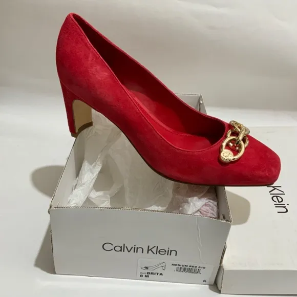 Calvin Klein Brita Suede Square Toe Pump Heels Red Shoes with Gold Chain 8