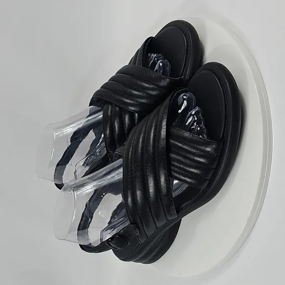 Camper Spiro Cross-Strap Sandals Slingback Quilted Leather Heel Black 39 8.5