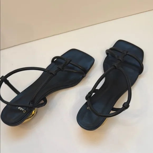 Carrano 8 Elegant Black Strappy Uniquely Designed Gold Kitten heel Sandal