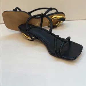 Carrano 8 Elegant Black Strappy Uniquely Designed Gold Kitten heel Sandal