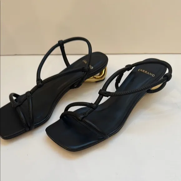 Carrano 8 Elegant Black Strappy Uniquely Designed Gold Kitten heel Sandal