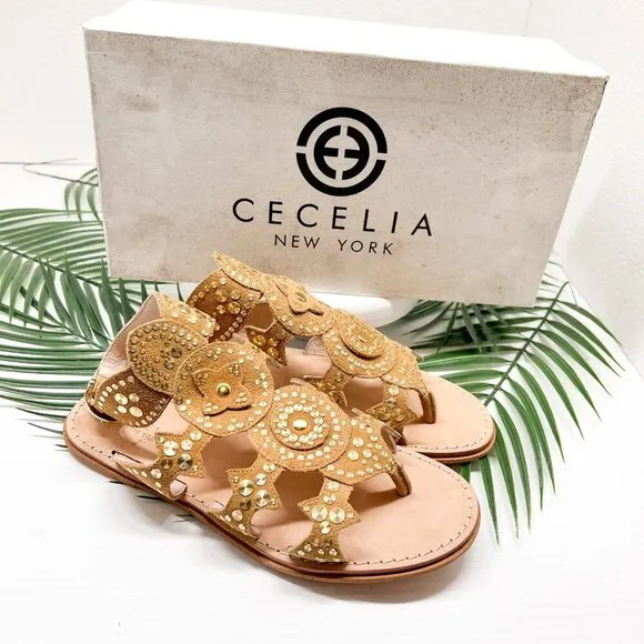 Cecelia New York Sand Bubbly Gladiator Studded Flat Sandals Size 6.5 NWB