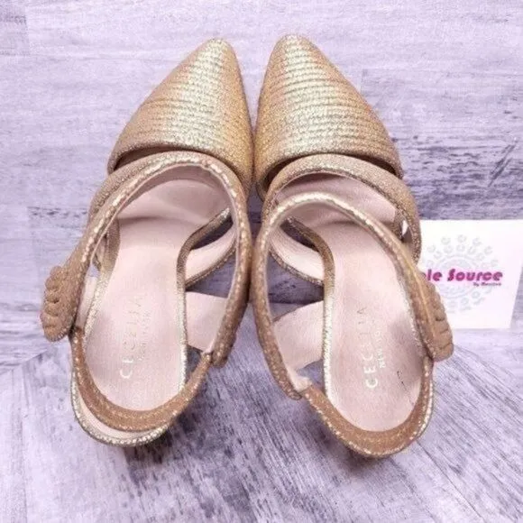 Cecelia Roxanne Ankle Strap Leather Pump Metallic Gold Women's sz 6