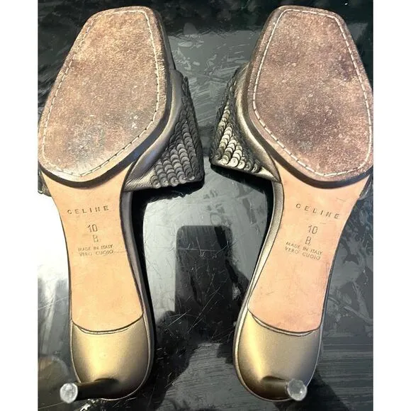 Celine Embellished Bronze Leather Slides Women’s Shoes Size 10/40 Medium