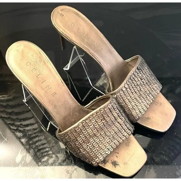 Celine Embellished Bronze Leather Slides Women’s Shoes Size 10/40 Medium