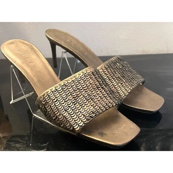 Celine Embellished Bronze Leather Slides Women’s Shoes Size 10/40 Medium