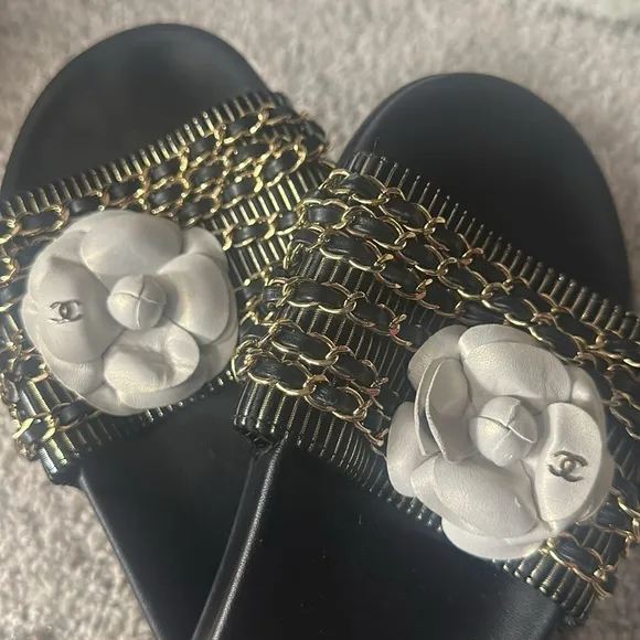 Chanel Black Slide Sandals with White Flower Accent