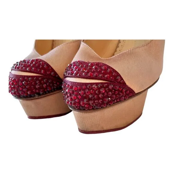 Charlotte Olympia Pink Silk Maroon Rhinestones Kiss Ankle Strap Heels Shoes 6.5