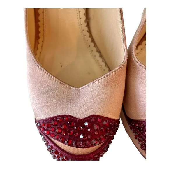 Charlotte Olympia Pink Silk Maroon Rhinestones Kiss Ankle Strap Heels Shoes 6.5