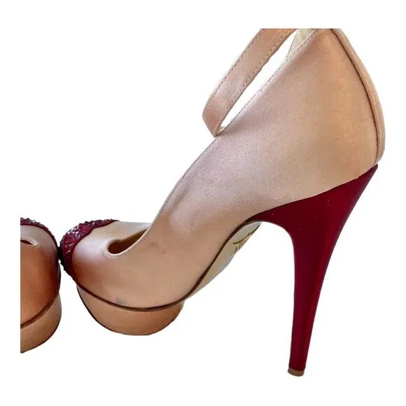 Charlotte Olympia Pink Silk Maroon Rhinestones Kiss Ankle Strap Heels Shoes 6.5