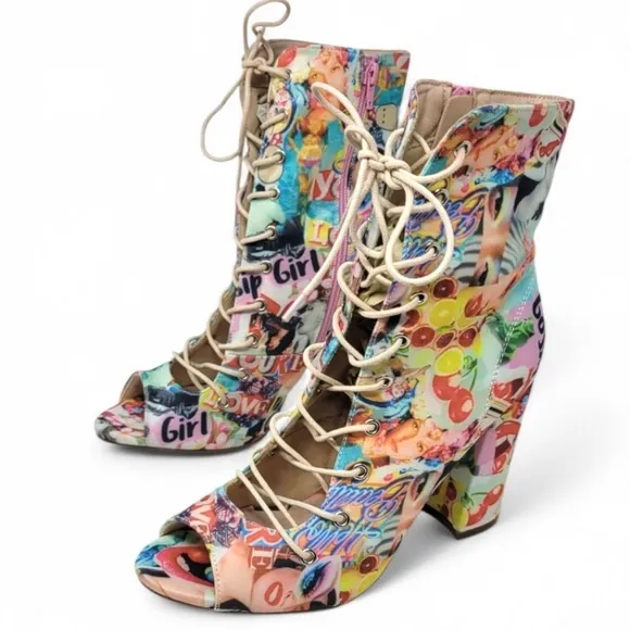 Chase   Chloe Emelia Graffiti Open Toe Lace Up Ankle Boot Heels