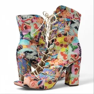 Chase   Chloe Emelia Graffiti Open Toe Lace Up Ankle Boot Heels