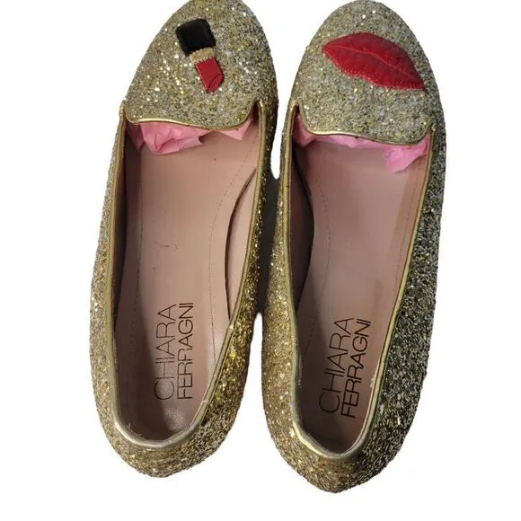 Chiara Ferragni Gold Sparkle Leather Flats (Size 8.5)
