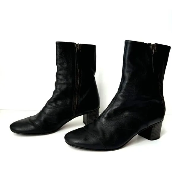 Chloé Black Leather Ankle Boots Size 9.5 With Side Zipper &amp; Block Heel - COA
