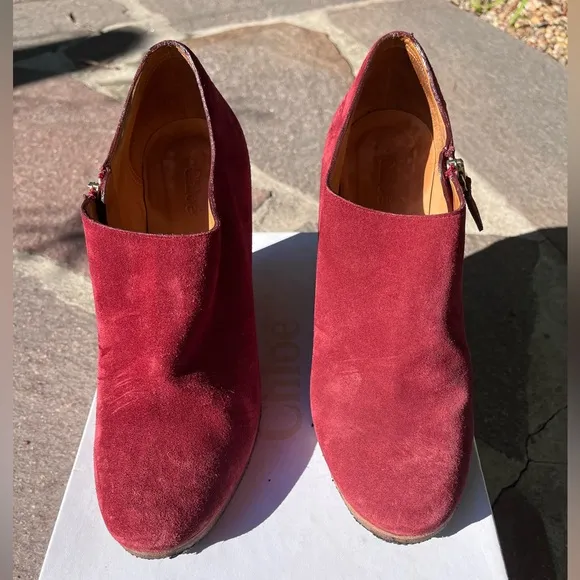 Chloe Suede Wedge Ankle Boots in Sangria. Size 10.