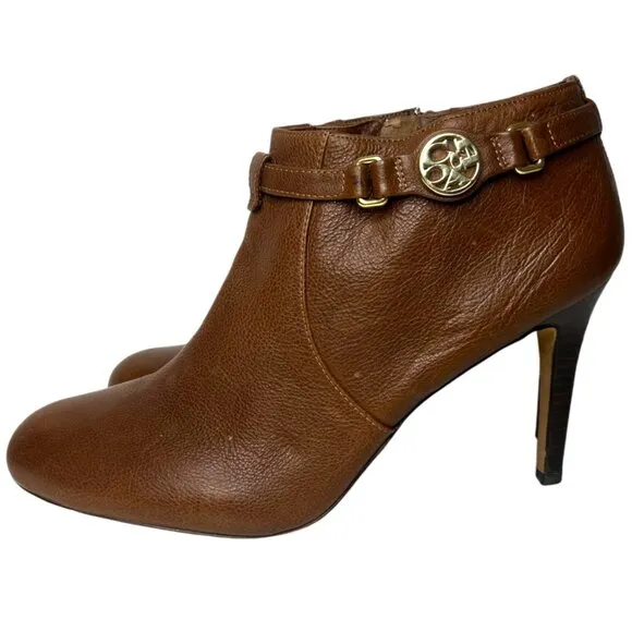 COACH 10 Salene Logo Ankle Booties Dark Ginger Brown Leather Stiletto Heel Boots