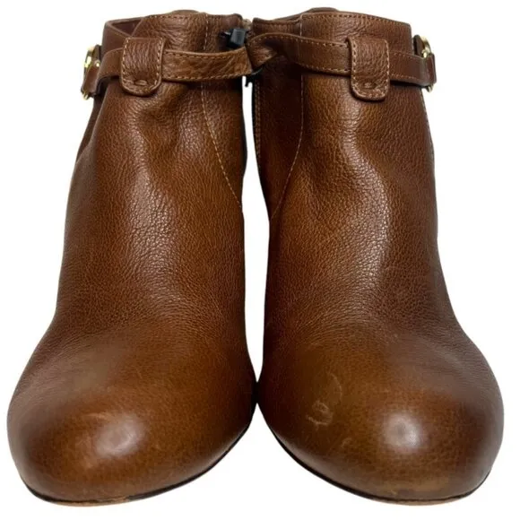 COACH 10 Salene Logo Ankle Booties Dark Ginger Brown Leather Stiletto Heel Boots