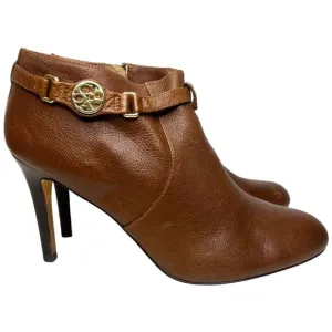 COACH 10 Salene Logo Ankle Booties Dark Ginger Brown Leather Stiletto Heel Boots