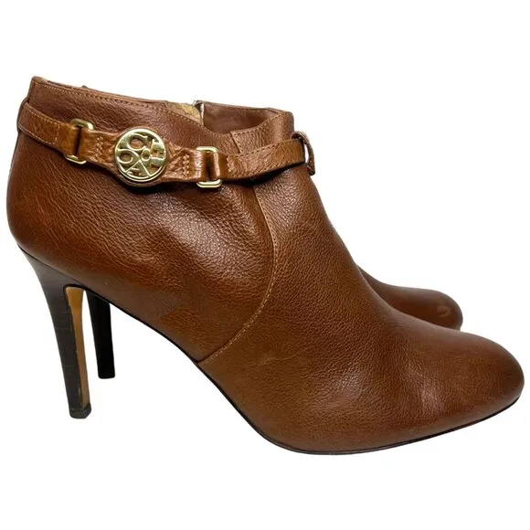COACH 10 Salene Logo Ankle Booties Dark Ginger Brown Leather Stiletto Heel Boots