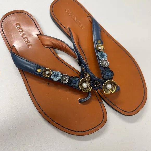 Coach Blue Leather Tea Rose Multi Flip Flop Womens 9 Sandals Flat Beachy Casual