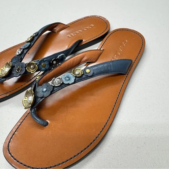 Coach Blue Leather Tea Rose Multi Flip Flop Womens 9 Sandals Flat Beachy Casual