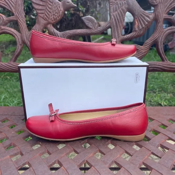 Coach Cherry Red Nappa Leather Ballet Flats Slip On Shoes