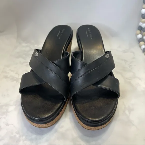 Cole Haan Grand OS Criss-Cross Black Leather Wedge Slide Sandals size 10.5
