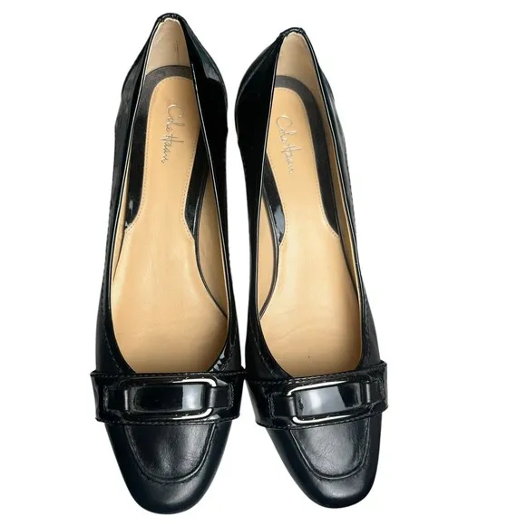 Cole Haan Heels Womens 10 Black Leather Black Buckle Kitten Pump Buckle Shoes