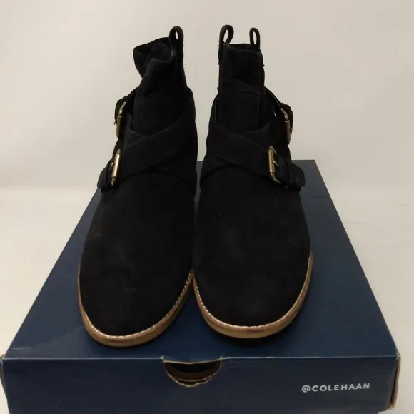 Cole Haan Jensynn Ankle Boots Black Suede Leather Fashion Booties Block Heel