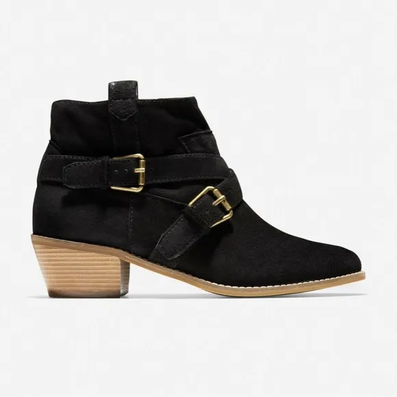 Cole Haan Jensynn Ankle Boots Black Suede Leather Fashion Booties Block Heel
