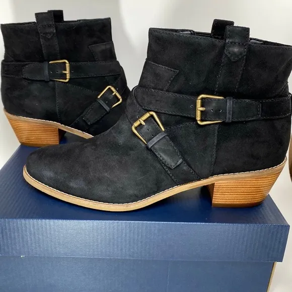 Cole Haan Jensynn Ankle Boots Black Suede Leather Fashion Booties Block Heel