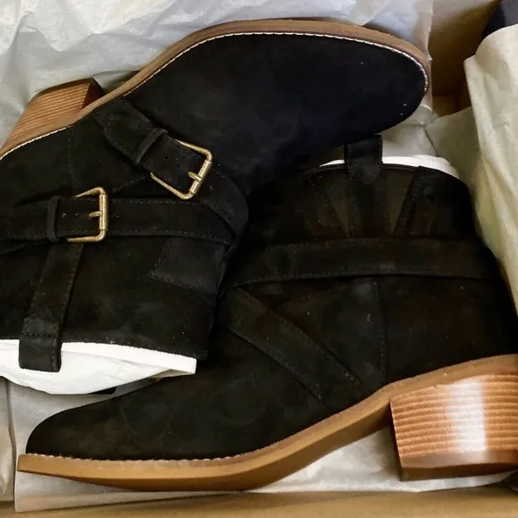 Cole Haan Jensynn Ankle Boots Black Suede Leather Fashion Booties Block Heel